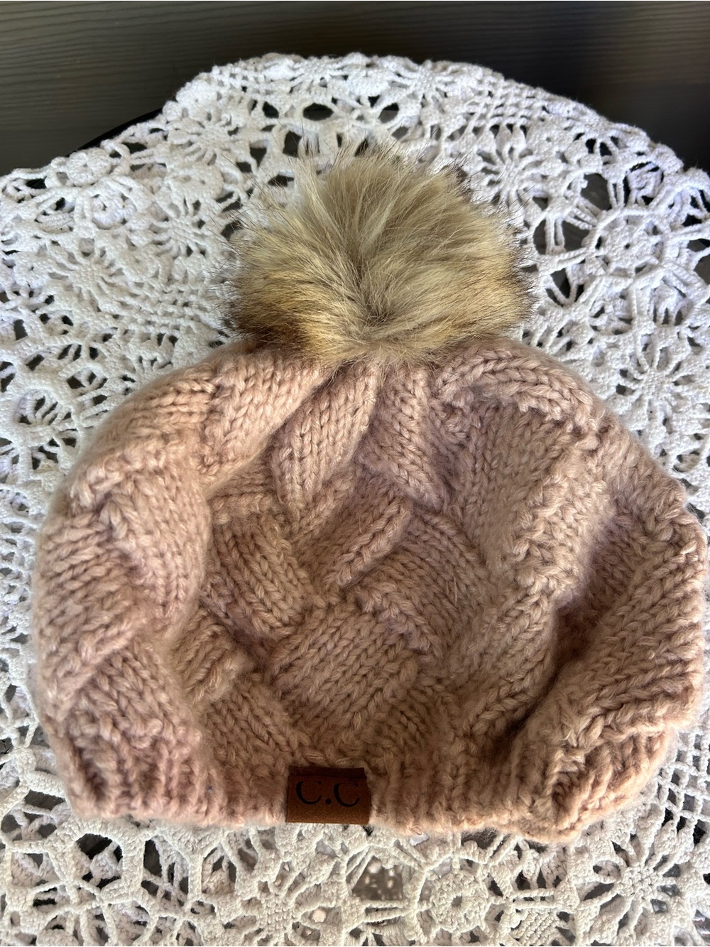 C.C Blush Pink Cable Knit Pom Hat with Faux Fur Pom